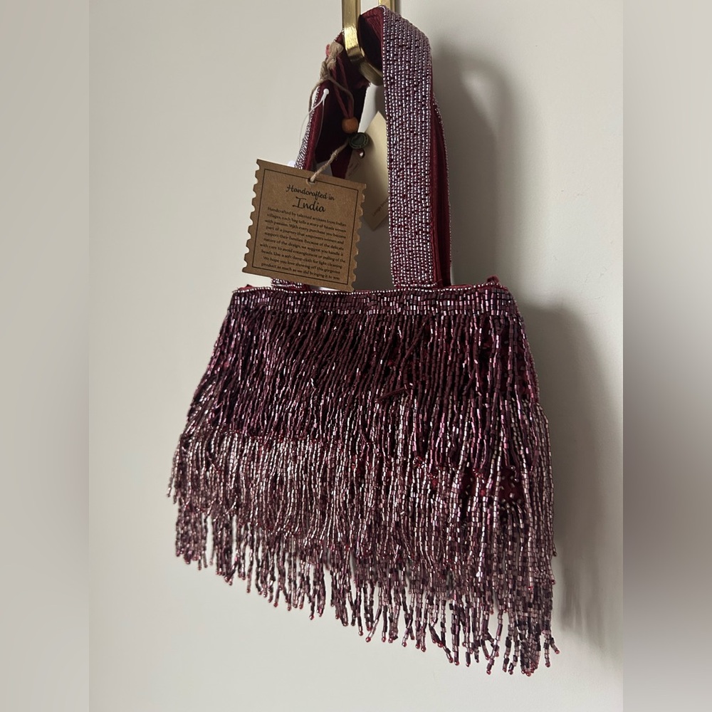 Viral beaded purple metallic fringe bag